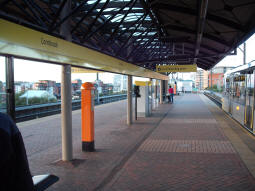Looking towards Manchester along the platform for trams to Altrincham, St Werburgh's Road, Eccles and MediaCityUK