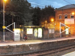 Dusk auto-stitched panorama of the platform for trams to Altrincham