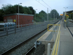 Looking along the platform for trams to East Didsbury and Manchester Airport from the ramp at the St Werburgh's Road (the street) end